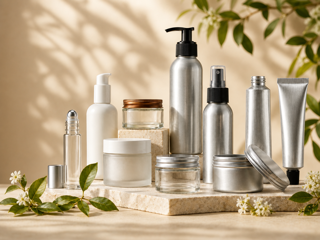 Variety of ABA Packaging aluminum bottles, tubes, and glass jars