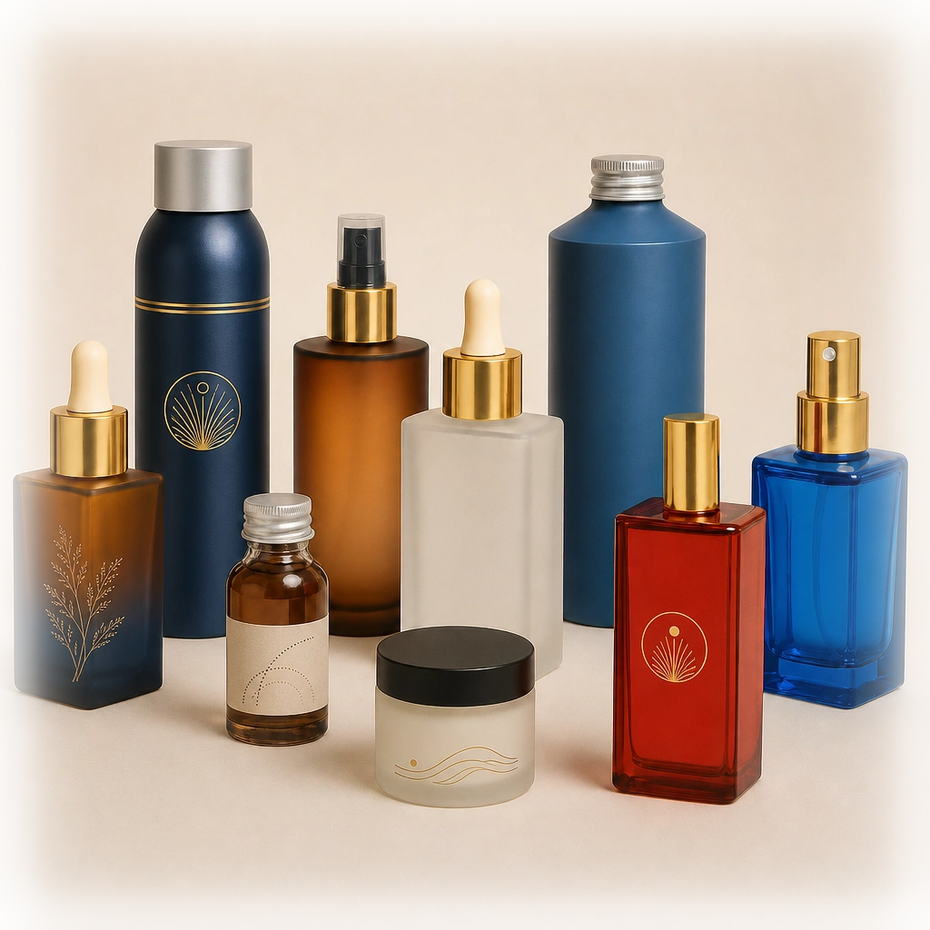 Colorful decorated glass and aluminum bottles with gold hot stamping, silk screening, and a paper label