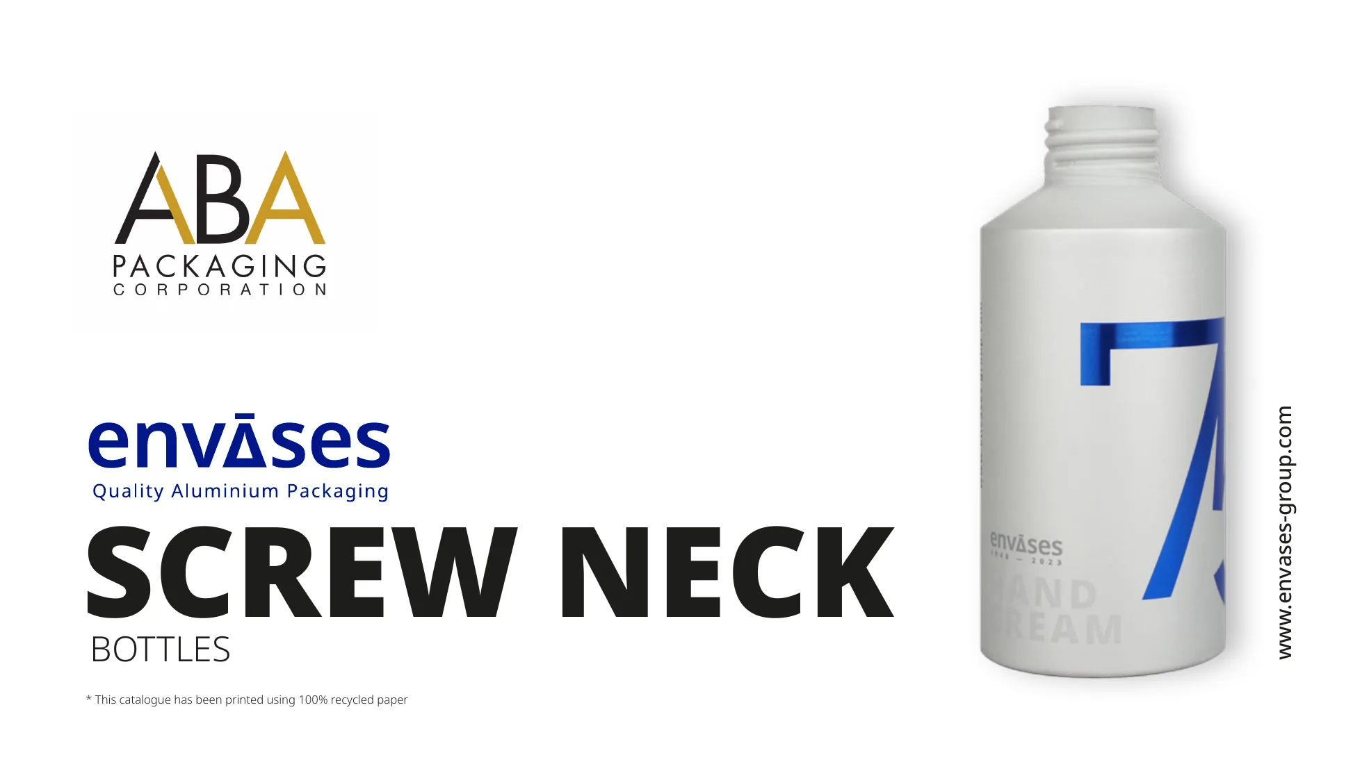 Envases Screw Neck Bottles catalogue cover with a white aluminium bottle