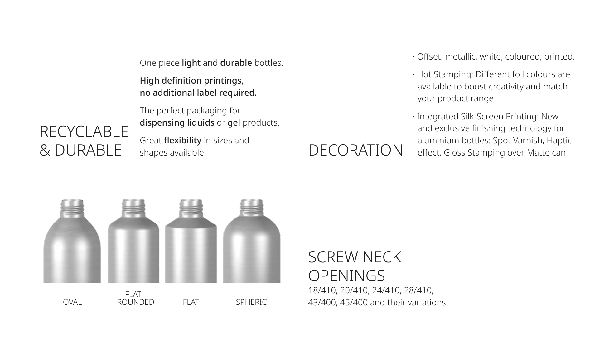 Envases aluminium bottle catalogue page showing bottle shapes, decoration methods, and screw neck openings.