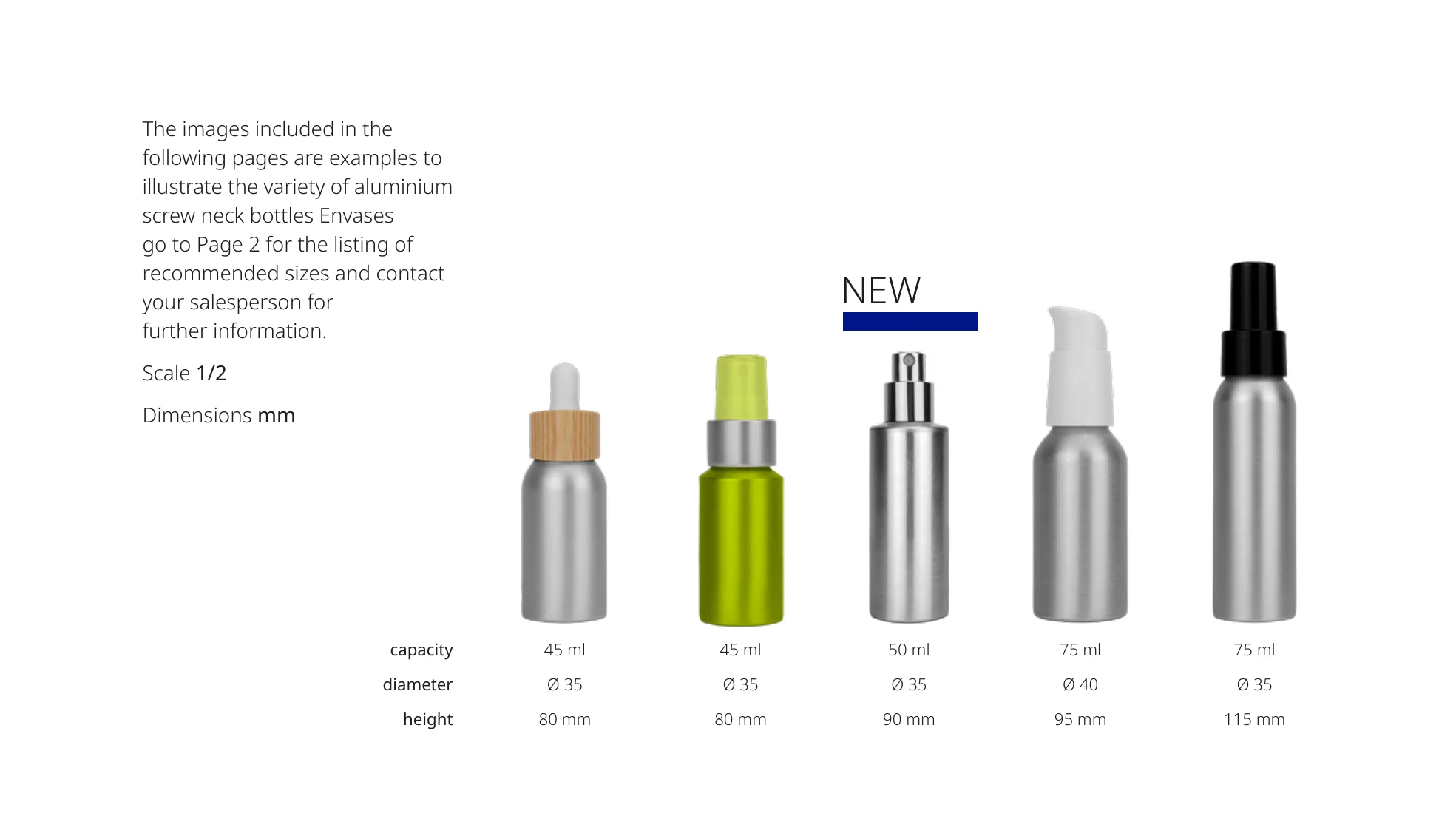 Examples of Envases aluminium screw neck bottles in 45 ml to 75 ml sizes.