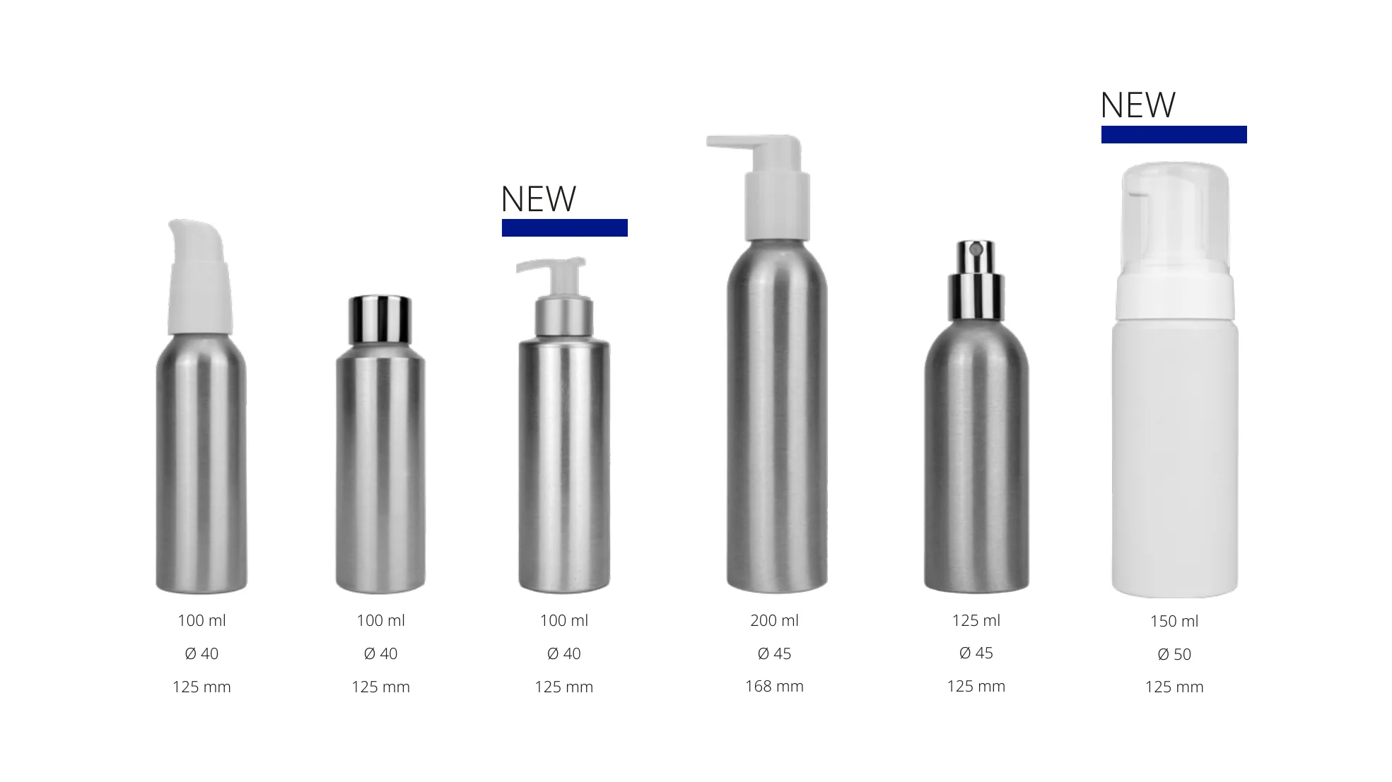 Examples of Envases aluminium screw neck bottles in 100 ml to 150 ml sizes.