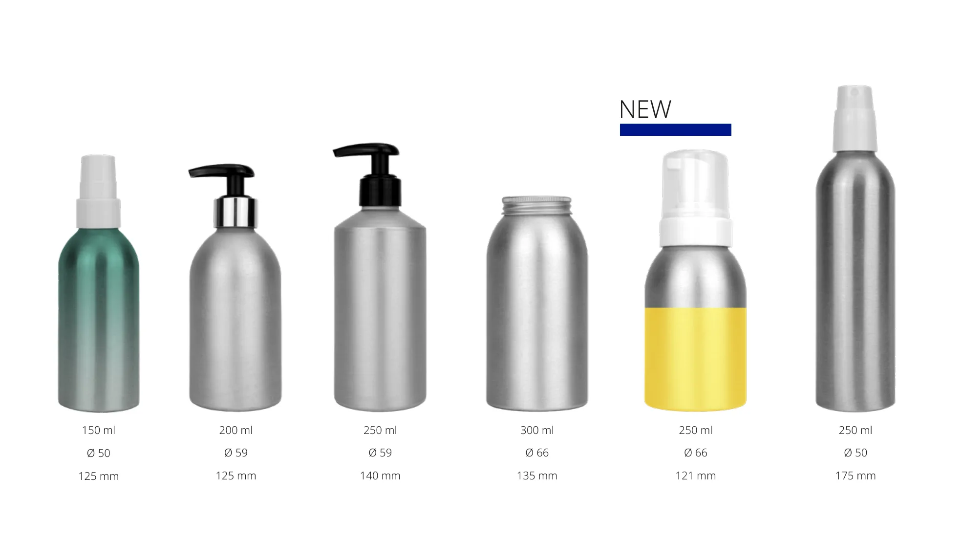 Examples of Envases aluminium screw neck bottles in 150 ml to 250 ml sizes.