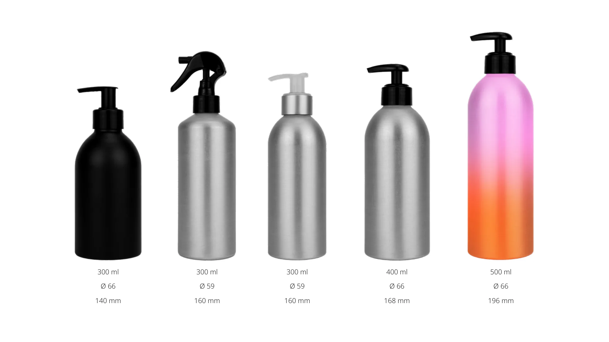 Examples of Envases aluminium screw neck bottles in 300 ml to 500 ml sizes.