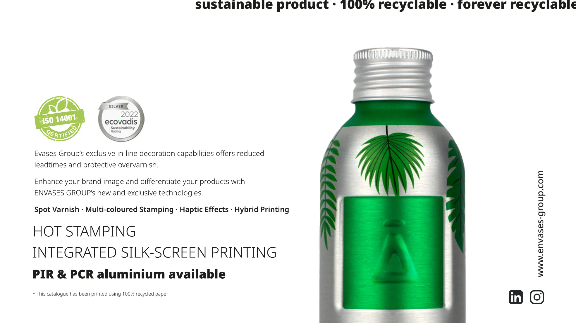 Envases aluminium bottle decoration and recyclable material information.